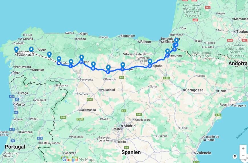 Karte des Camino Francés – der klassische Jakobsweg von Saint-Jean-Pied-de-Port nach Santiago de Compostela, spirituelle Route durch Nordspanien mit allen wichtigen Etappen.