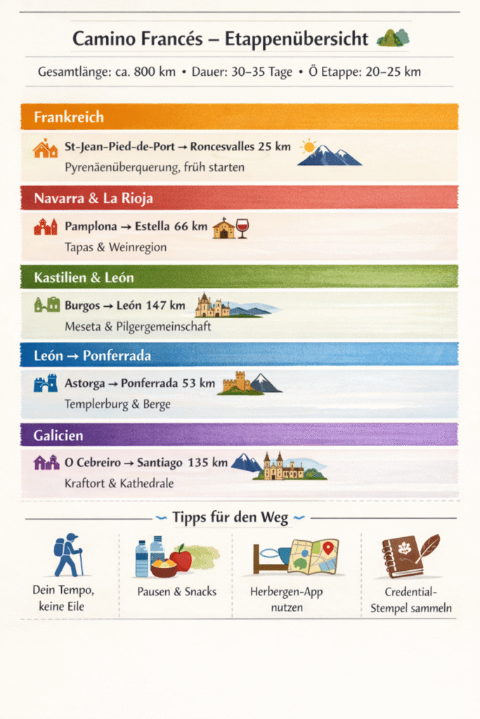 Camino Francés Etappenübersicht mit Bildern, Frankreich, Navarra % La Rioja, Kastilien& Leon, Leon Ponferrada, Galizien