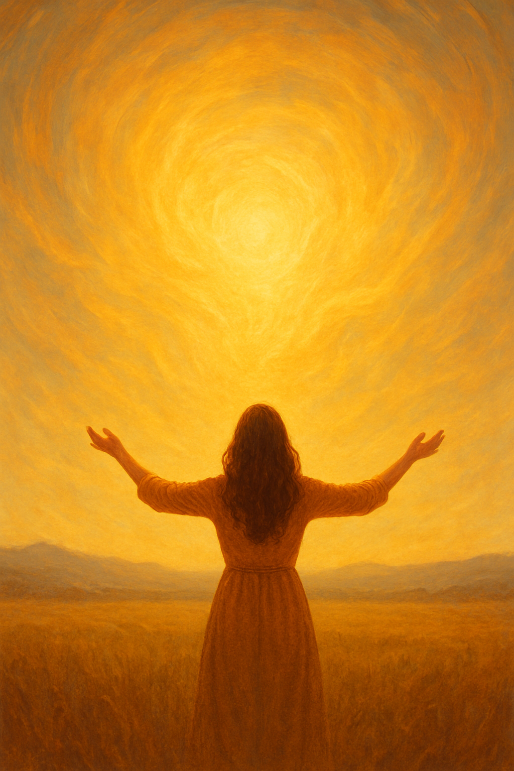 Abstraktes spirituelles Bild einer Frau, die in Licht und Natur ihre innere Freiheit und das Loslassen symbolisiert.