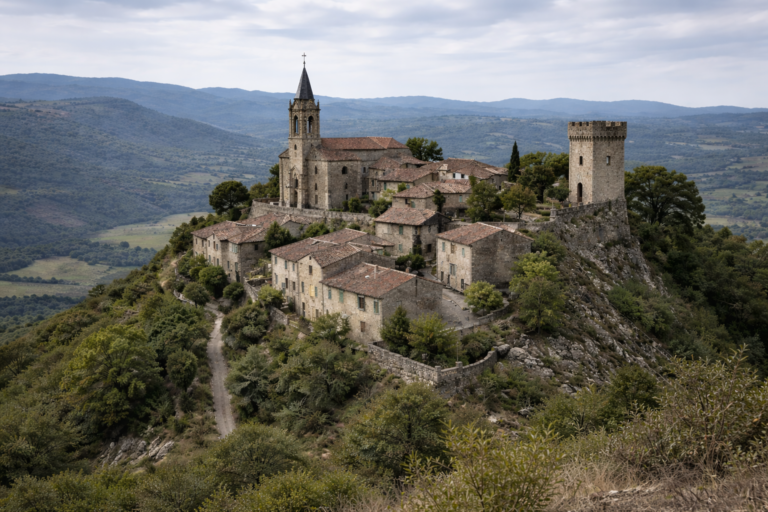 Rennes-le-Château in Südfrankreich: Die romanische Kirche Sainte-Marie-Madeleine, der Turm Tour Magdala und die mystische Landschaft der Corbières