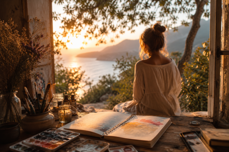 Frau sitzt in einem lichtdurchfluteten Atelier vor einem Skizzenbuch und blickt in die Natur – Symbol für eigenbestimmtes Schaffen, Kreativität und innere Freiheit.