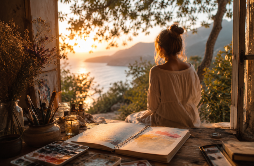 Frau sitzt in einem lichtdurchfluteten Atelier vor einem Skizzenbuch und blickt in die Natur – Symbol für eigenbestimmtes Schaffen, Kreativität und innere Freiheit.